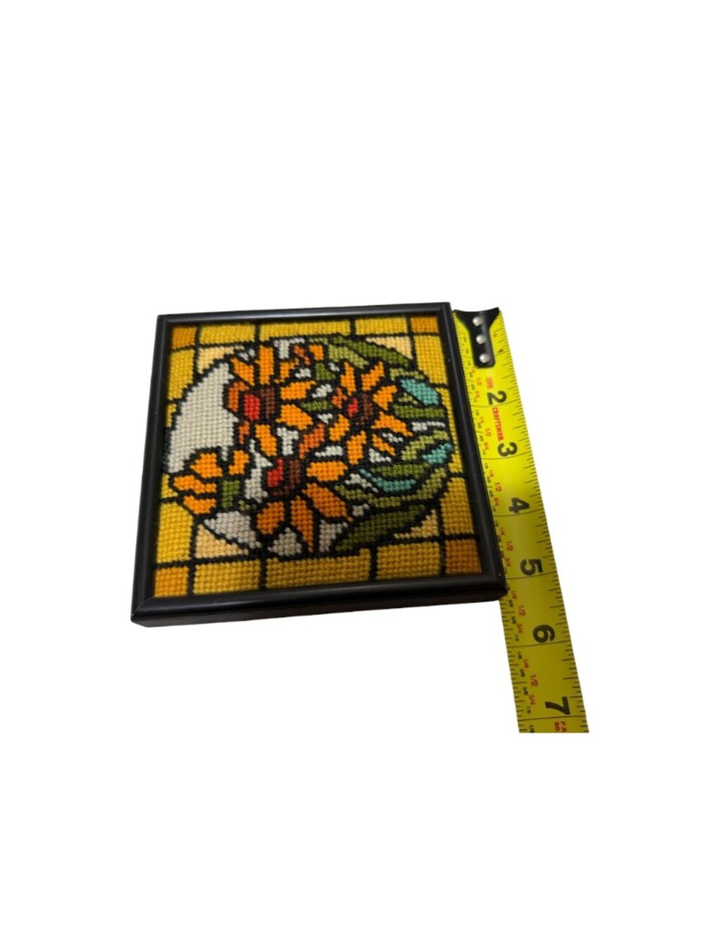 Framed Floral Needlepoint Wall Art Sunset Designs Stained Glass Vintage 70s - Picture 7 of 11